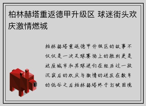柏林赫塔重返德甲升级区 球迷街头欢庆激情燃城 柏林赫塔重返德甲升级区 球迷街头欢庆激情燃城