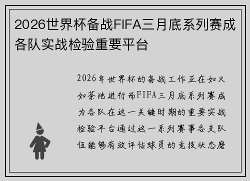 2026世界杯备战FIFA三月底系列赛成各队实战检验重要平台 2026世界杯备战FIFA三月底系列赛成各队实战检验重要平台