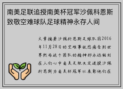 南美足联追授南美杯冠军沙佩科恩斯致敬空难球队足球精神永存人间 南美足联追授南美杯冠军沙佩科恩斯致敬空难球队足球精神永存人间